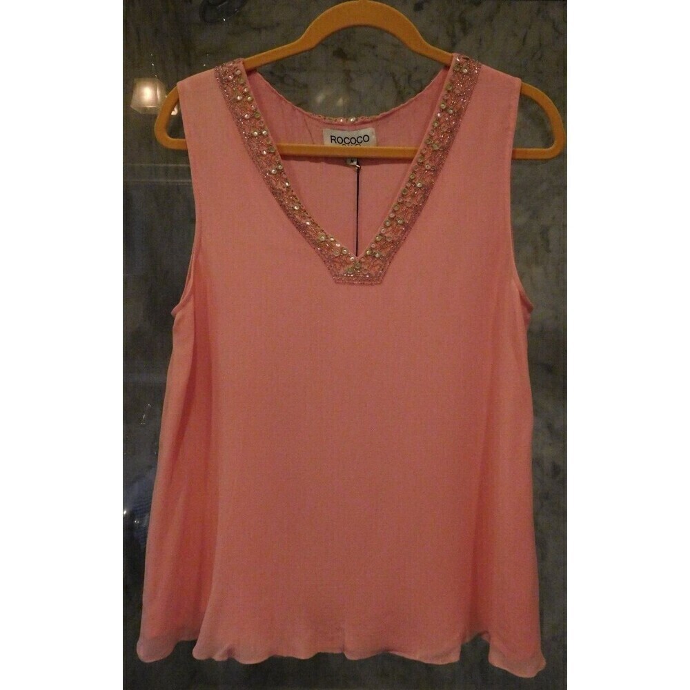 Gorgeous NWT ROCOCO SAND 100% Silk Sleeveless Peach Beaded Trim Blouse Medium